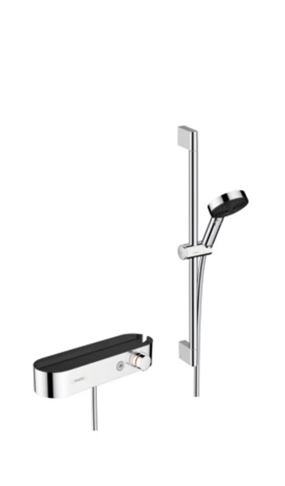 Duschanlage von Hansgrohe mit Handbrause, Thermostat, Brausestange und Schlauch in Chrom. Enthält Halterung für die Handbrause.